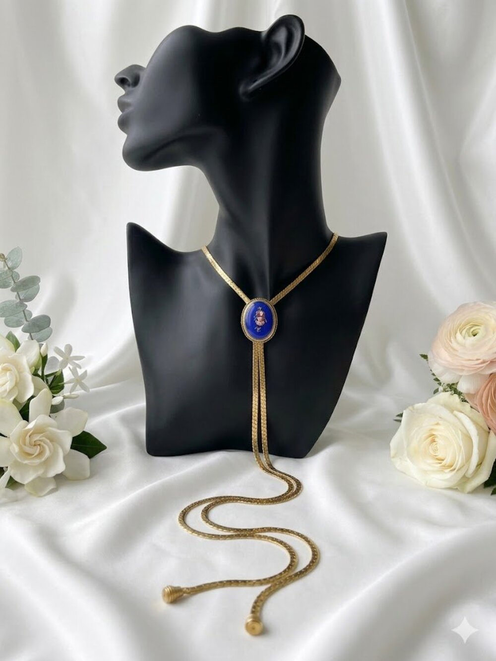 Vintage Goldette Hand-Painted Porcelain Medallion Slide Necklace